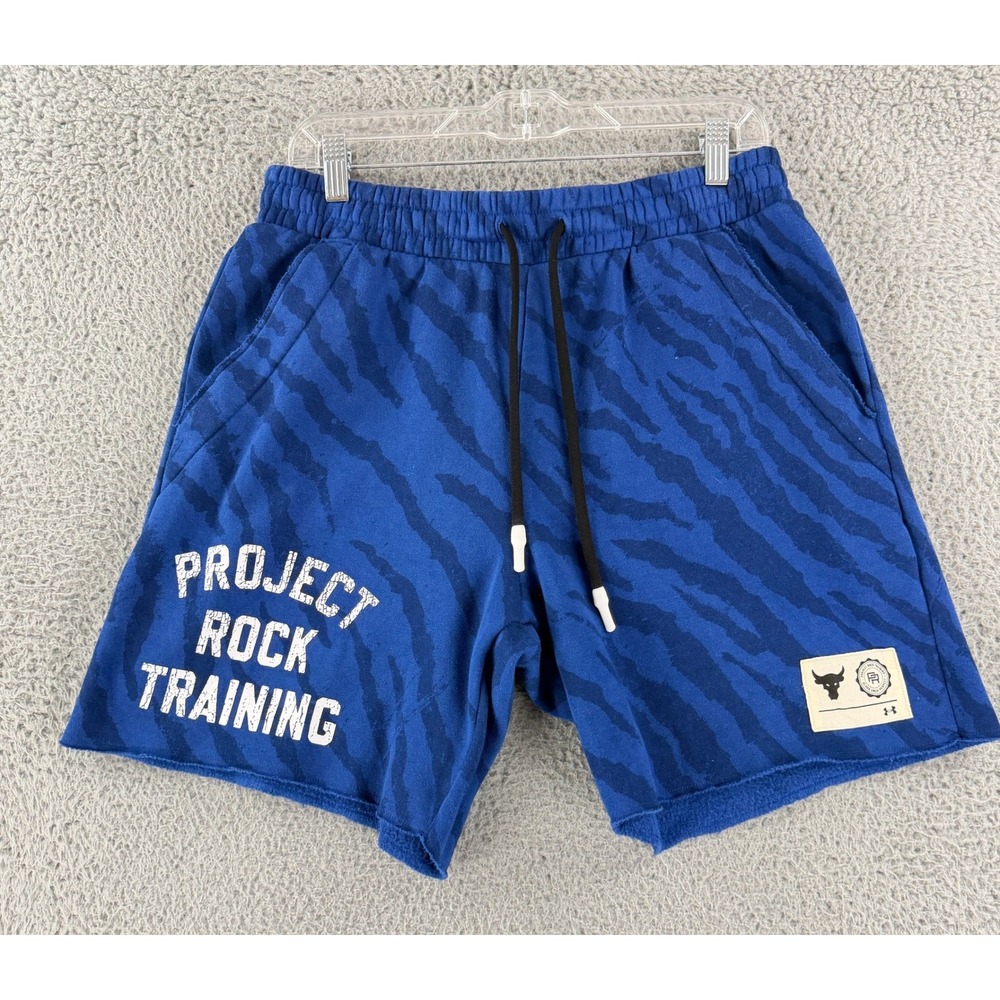 Under Armour Project Rock Shorts Mens L Blue Tiger Stripe Fleece Training Gym